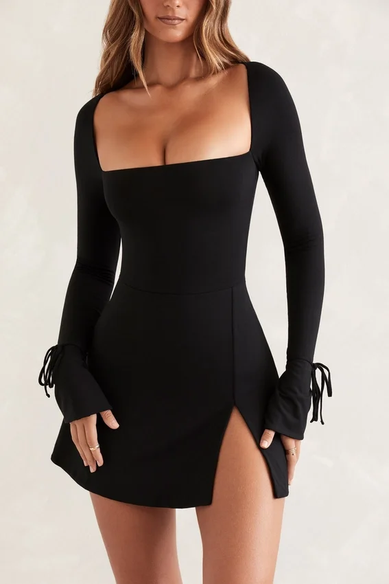 Baize Square Neck Long Sleeve Mini Dress in Black Baize Square Neck Long Sleeve Mini Dress in Black