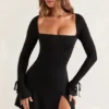 Baize Square Neck Long Sleeve Mini Dress in Black Baize Square Neck Long Sleeve Mini Dress in Black