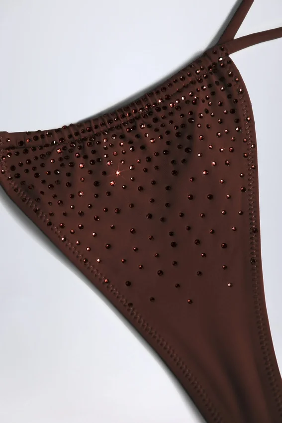 Bali Embellished Drawstring Thong Bikini Bottoms in Chocolate Brown Bali Embellished Drawstring Thong Bikini Bottoms in Chocolate Brown