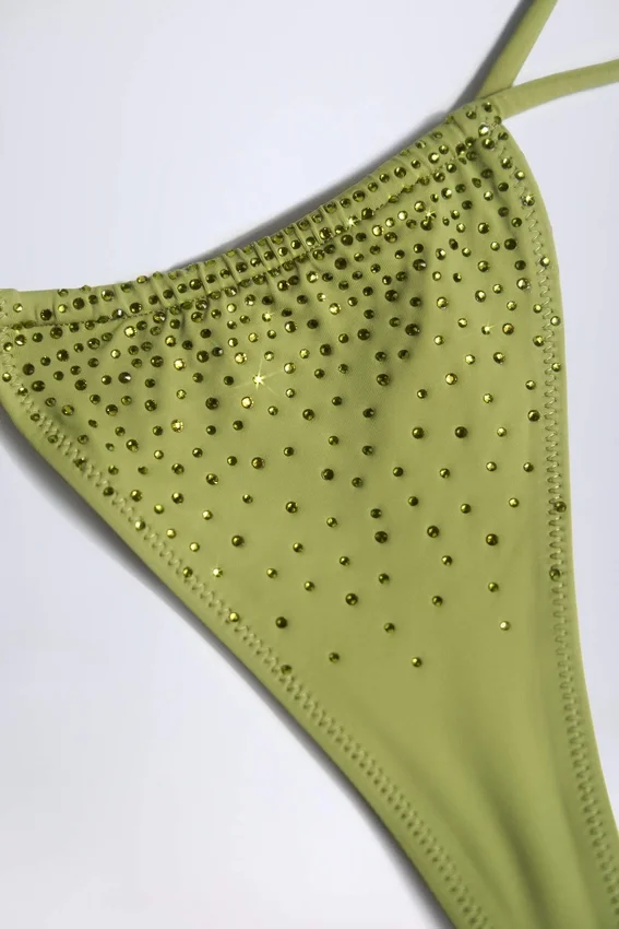 Bali Embellished Drawstring Thong Bikini Bottoms in Olive Green Bali Embellished Drawstring Thong Bikini Bottoms in Olive Green