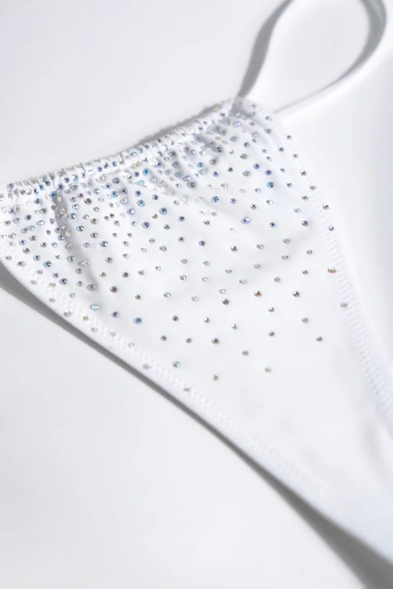 Bali Embellished Drawstring Thong Bikini Bottoms in White Bali Embellished Drawstring Thong Bikini Bottoms in White