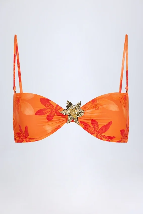 Baracoa Hardware-Detail Halterneck Bikini Top in Orange Orchid Print Baracoa Hardware-Detail Halterneck Bikini Top in Orange Orchid Print