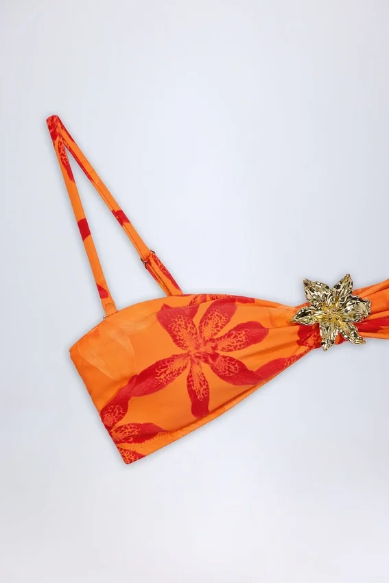Baracoa Hardware-Detail Halterneck Bikini Top in Orange Orchid Print Baracoa Hardware-Detail Halterneck Bikini Top in Orange Orchid Print