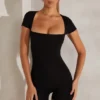 Bea Cap Sleeve Square Neck Unitard in Black Bea Cap Sleeve Square Neck Unitard in Black