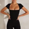 Bea Cap Sleeve Square Neck Unitard in Black Bea Cap Sleeve Square Neck Unitard in Black