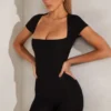 Bea Cap Sleeve Square Neck Unitard in Black Bea Cap Sleeve Square Neck Unitard in Black