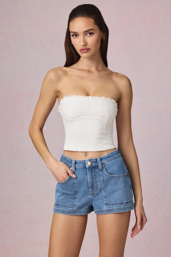Beata High-Waist A-Line Shorts in Mid-Blue Wash Beata High-Waist A-Line Shorts in Mid-Blue Wash