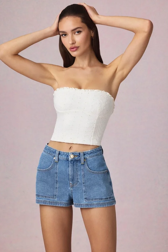 Beata High-Waist A-Line Shorts in Mid-Blue Wash Beata High-Waist A-Line Shorts in Mid-Blue Wash
