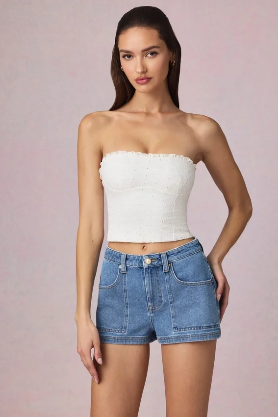 Beata High-Waist A-Line Shorts in Mid-Blue Wash Beata High-Waist A-Line Shorts in Mid-Blue Wash
