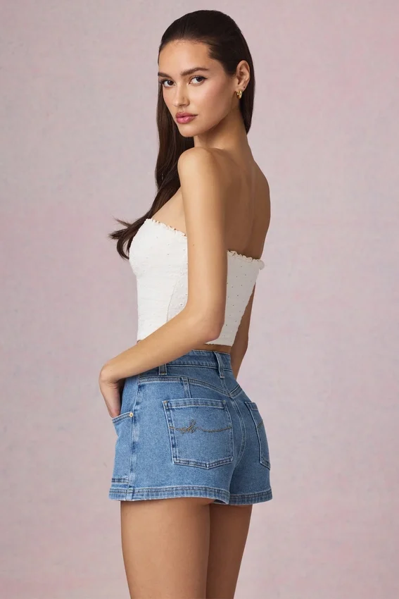 Beata High-Waist A-Line Shorts in Mid-Blue Wash Beata High-Waist A-Line Shorts in Mid-Blue Wash