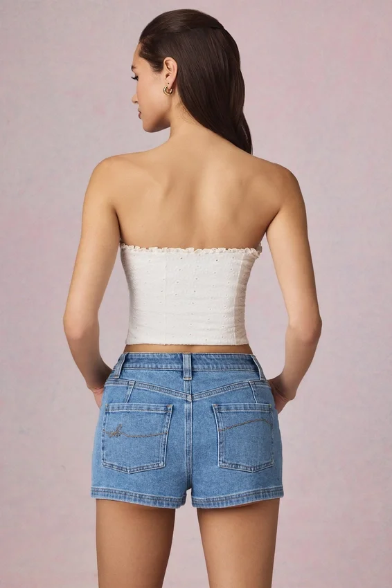 Beata High-Waist A-Line Shorts in Mid-Blue Wash Beata High-Waist A-Line Shorts in Mid-Blue Wash