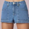 Beata High-Waist A-Line Shorts in Mid-Blue Wash Beata High-Waist A-Line Shorts in Mid-Blue Wash
