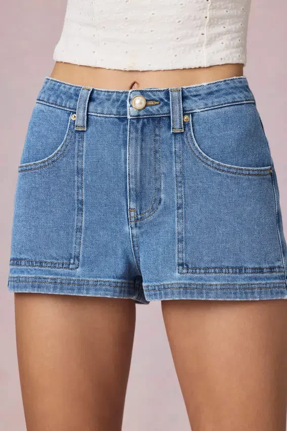 Beata High-Waist A-Line Shorts in Mid-Blue Wash Beata High-Waist A-Line Shorts in Mid-Blue Wash