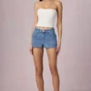 Beata High-Waist A-Line Shorts in Mid-Blue Wash Beata High-Waist A-Line Shorts in Mid-Blue Wash