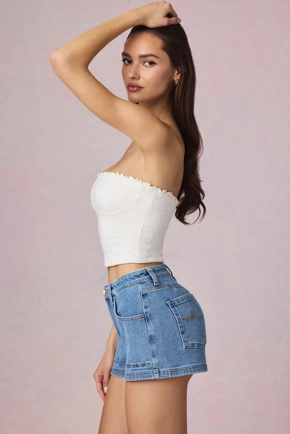 Beata High-Waist A-Line Shorts in Mid-Blue Wash Beata High-Waist A-Line Shorts in Mid-Blue Wash