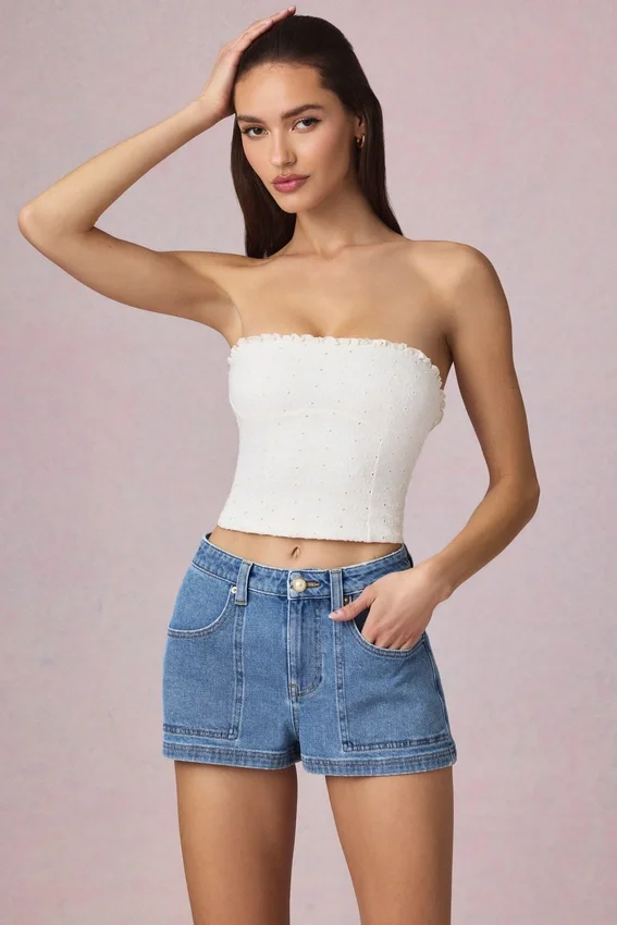 Beata High-Waist A-Line Shorts in Mid-Blue Wash Beata High-Waist A-Line Shorts in Mid-Blue Wash