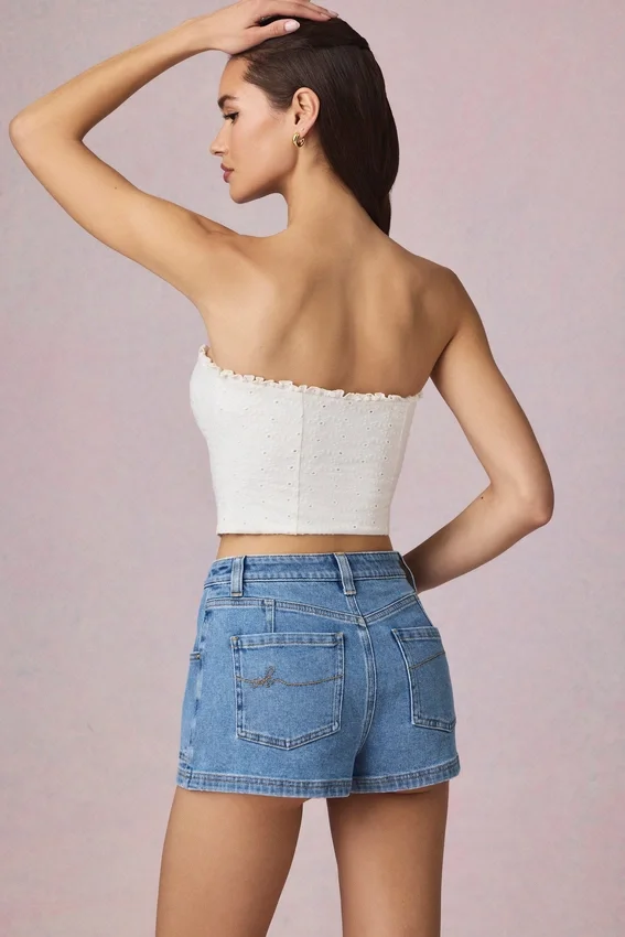 Beata High-Waist A-Line Shorts in Mid-Blue Wash Beata High-Waist A-Line Shorts in Mid-Blue Wash
