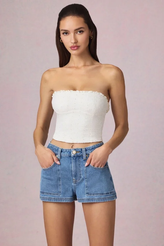 Beata High-Waist A-Line Shorts in Mid-Blue Wash Beata High-Waist A-Line Shorts in Mid-Blue Wash