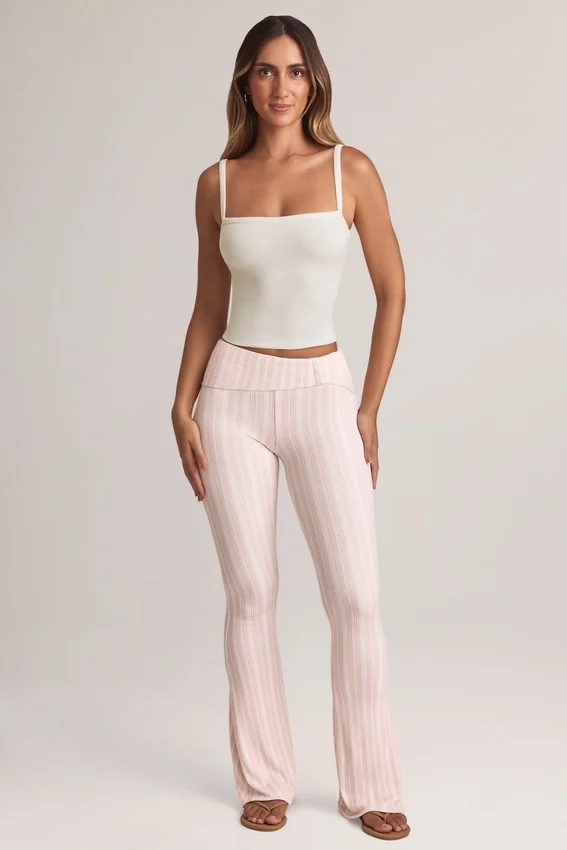 Bebe Modal Foldover Mid-Rise Flared Trousers in Stripe Print Bebe Modal Foldover Mid-Rise Flared Trousers in Stripe Print