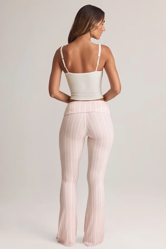 Bebe Modal Foldover Mid-Rise Flared Trousers in Stripe Print Bebe Modal Foldover Mid-Rise Flared Trousers in Stripe Print