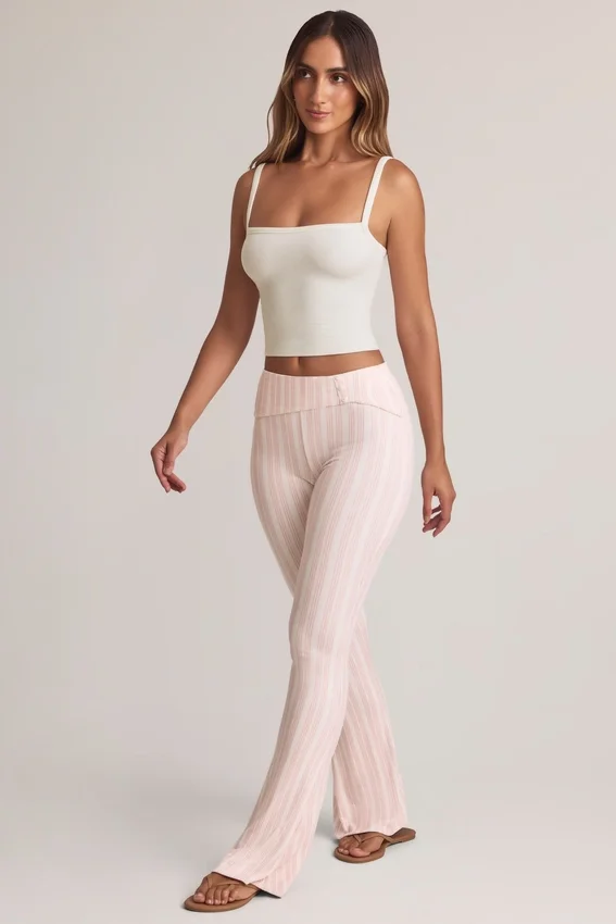 Bebe Modal Foldover Mid-Rise Flared Trousers in Stripe Print Bebe Modal Foldover Mid-Rise Flared Trousers in Stripe Print