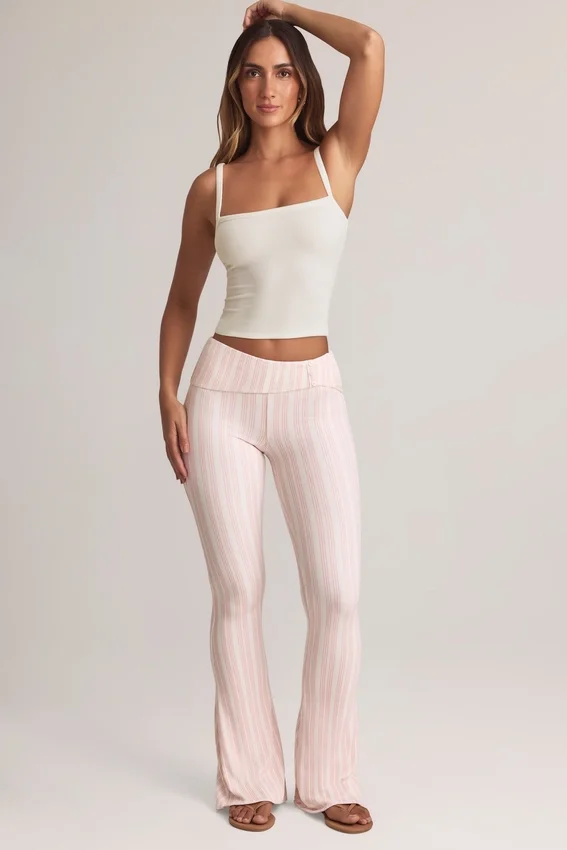 Bebe Modal Foldover Mid-Rise Flared Trousers in Stripe Print Bebe Modal Foldover Mid-Rise Flared Trousers in Stripe Print