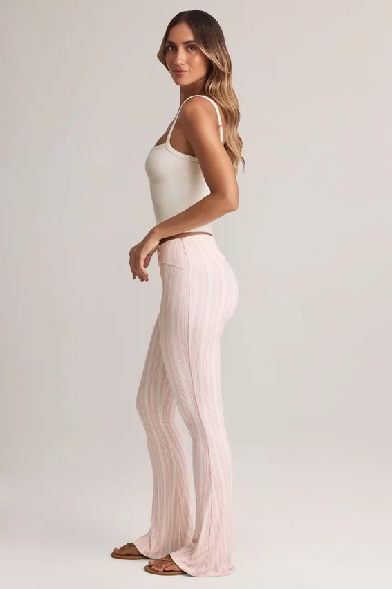 Bebe Modal Foldover Mid-Rise Flared Trousers in Stripe Print Bebe Modal Foldover Mid-Rise Flared Trousers in Stripe Print