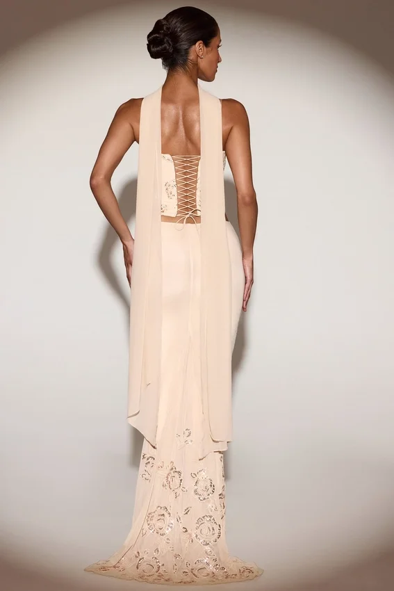 Belen Embellished Draped Mid-Rise Gown Skirt in Gold Belen Embellished Draped Mid-Rise Gown Skirt in Gold