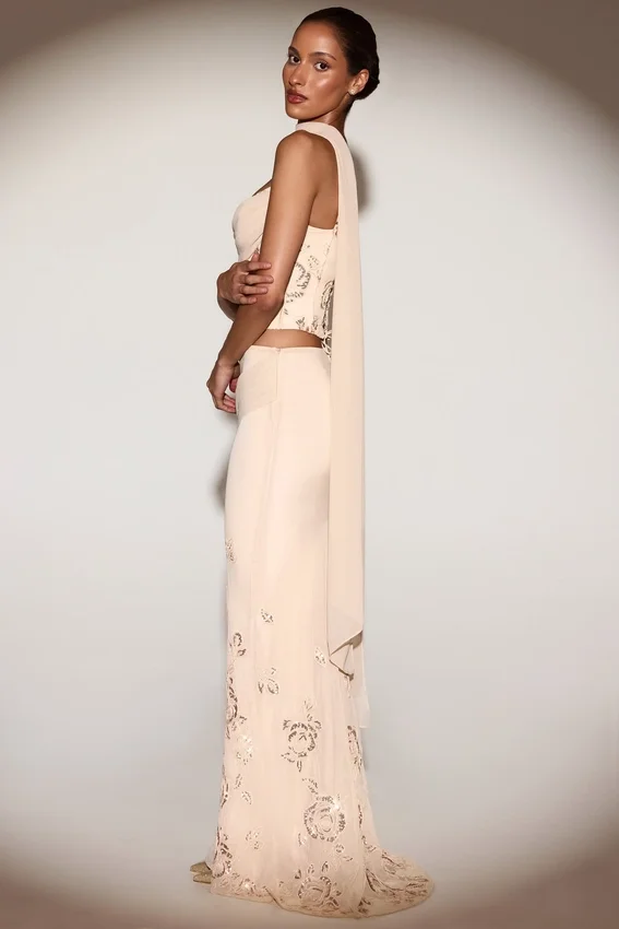 Belen Embellished Draped Mid-Rise Gown Skirt in Gold Belen Embellished Draped Mid-Rise Gown Skirt in Gold