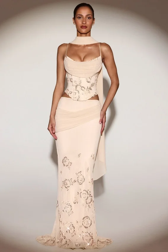 Belen Embellished Draped Mid-Rise Gown Skirt in Gold Belen Embellished Draped Mid-Rise Gown Skirt in Gold