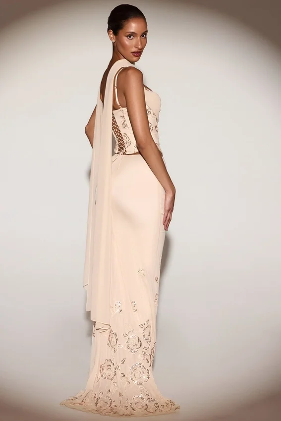 Belen Embellished Draped Mid-Rise Gown Skirt in Gold Belen Embellished Draped Mid-Rise Gown Skirt in Gold