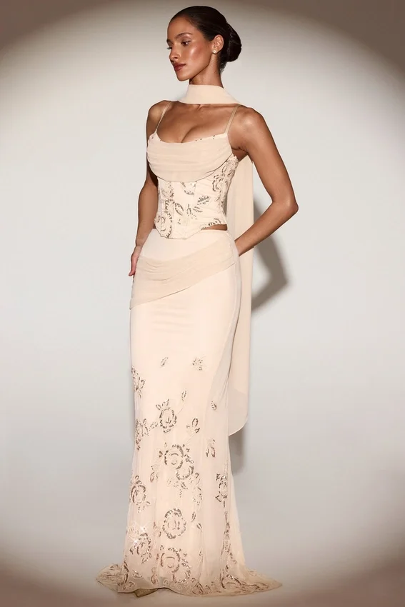 Belen Embellished Draped Mid-Rise Gown Skirt in Gold Belen Embellished Draped Mid-Rise Gown Skirt in Gold