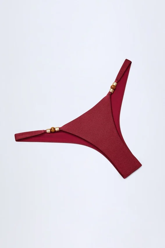 Bermuda Bead-Embellished Cheeky Bikini Bottoms in Dark Cherry Bermuda Bead-Embellished Cheeky Bikini Bottoms in Dark Cherry