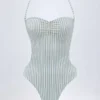 Biarritz Cut-Out Halterneck Swimsuit in Teal Double Stripe Biarritz Cut-Out Halterneck Swimsuit in Teal Double Stripe