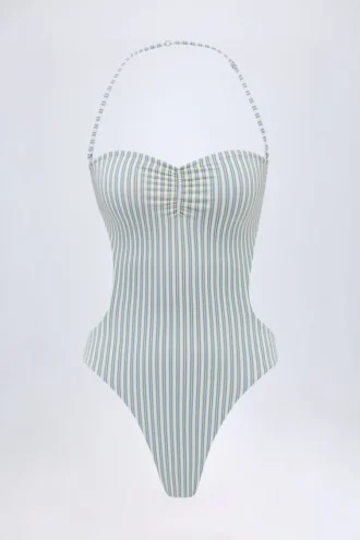 Biarritz Cut-Out Halterneck Swimsuit in Teal Double Stripe Biarritz Cut-Out Halterneck Swimsuit in Teal Double Stripe