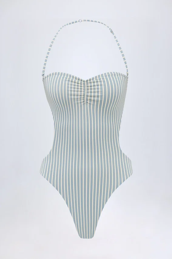 Biarritz Cut-Out Halterneck Swimsuit in Teal Double Stripe Biarritz Cut-Out Halterneck Swimsuit in Teal Double Stripe