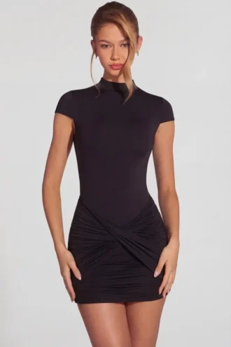 Blair Jersey Turtleneck Ruched Backless Mini Dress in Black Blair Jersey Turtleneck Ruched Backless Mini Dress in Black