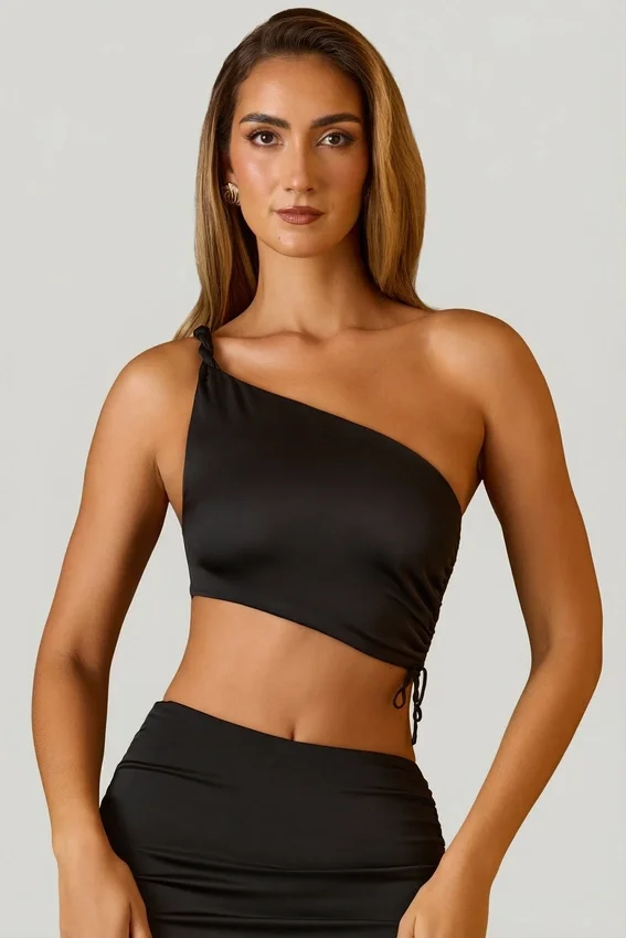 Brisa Ruched Asymmetric Crop Top in Black Brisa Ruched Asymmetric Crop Top in Black