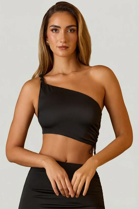 Brisa Ruched Asymmetric Crop Top in Black Brisa Ruched Asymmetric Crop Top in Black