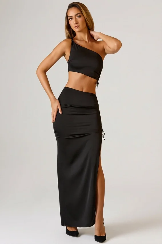 Brisa Ruched Asymmetric Crop Top in Black Brisa Ruched Asymmetric Crop Top in Black