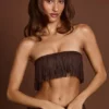 Bruma Fringed Bandeau Lace-up Crop Top in Chocolate Brown Bruma Fringed Bandeau Lace-up Crop Top in Chocolate Brown