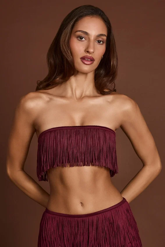 Bruma Fringed Bandeau Lace-up Crop Top in Wine Red Bruma Fringed Bandeau Lace-up Crop Top in Wine Red