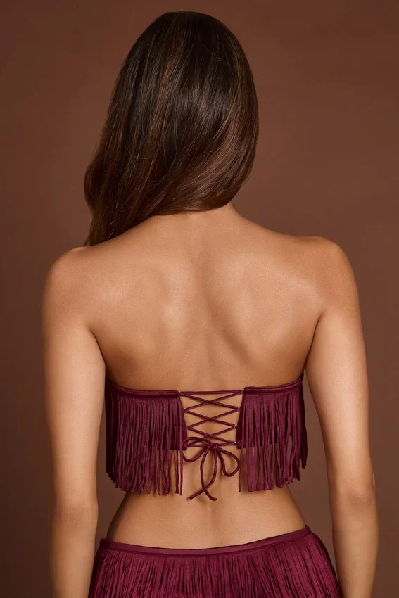 Bruma Fringed Bandeau Lace-up Crop Top in Wine Red Bruma Fringed Bandeau Lace-up Crop Top in Wine Red