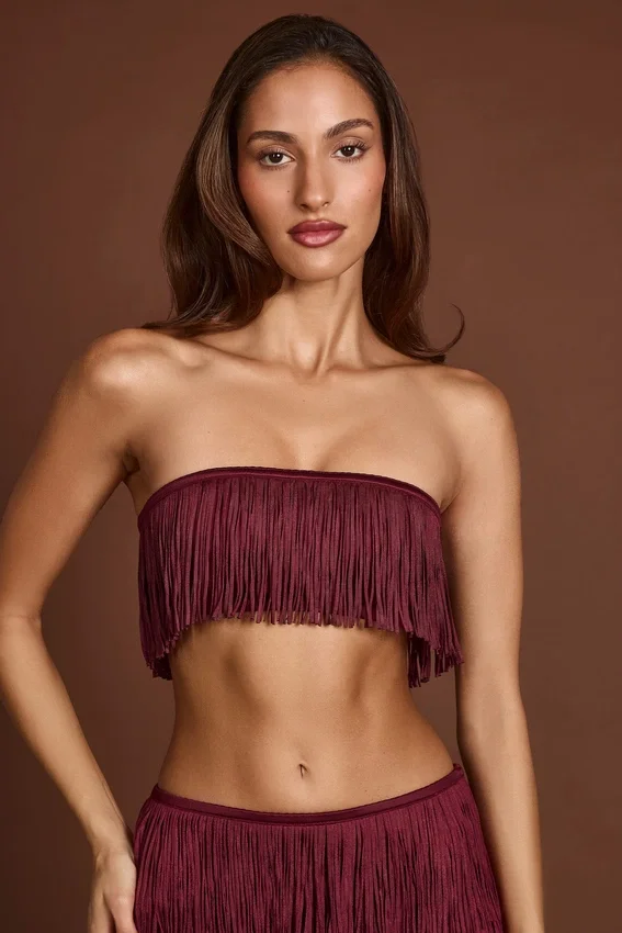 Bruma Fringed Bandeau Lace-up Crop Top in Wine Red Bruma Fringed Bandeau Lace-up Crop Top in Wine Red