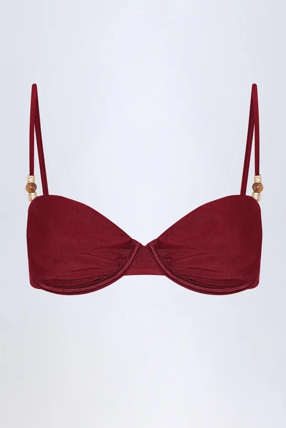 Bruny Bead-Embellished Ruched Underwired Bikini Top in Dark Cherry Bruny Bead-Embellished Ruched Underwired Bikini Top in Dark Cherry