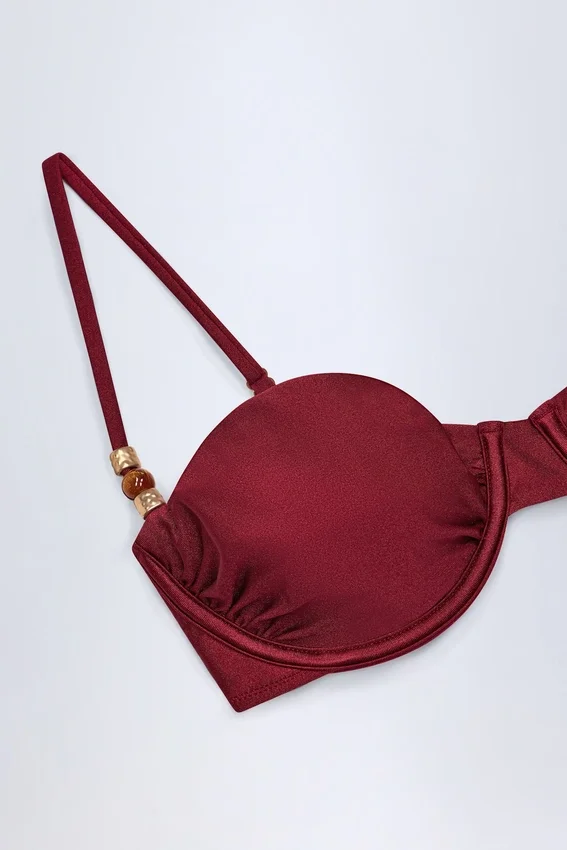 Bruny Bead-Embellished Ruched Underwired Bikini Top in Dark Cherry Bruny Bead-Embellished Ruched Underwired Bikini Top in Dark Cherry