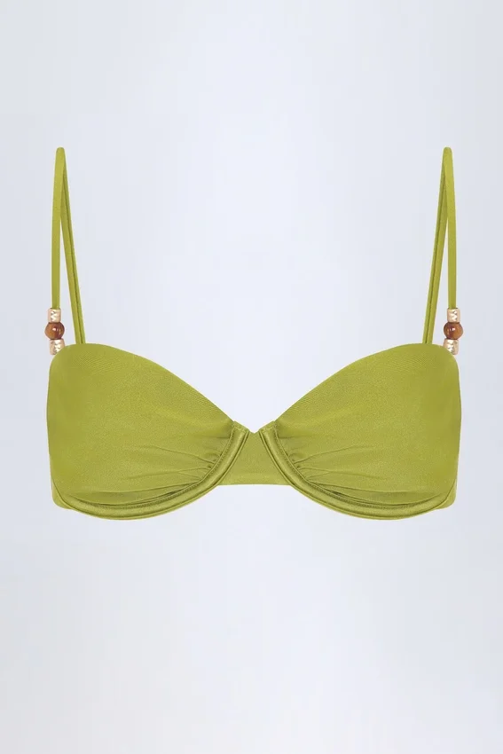 Bruny Bead-Embellished Ruched Underwired Bikini Top in Olive Green Bruny Bead-Embellished Ruched Underwired Bikini Top in Olive Green