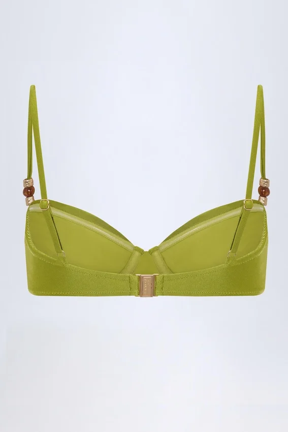 Bruny Bead-Embellished Ruched Underwired Bikini Top in Olive Green Bruny Bead-Embellished Ruched Underwired Bikini Top in Olive Green
