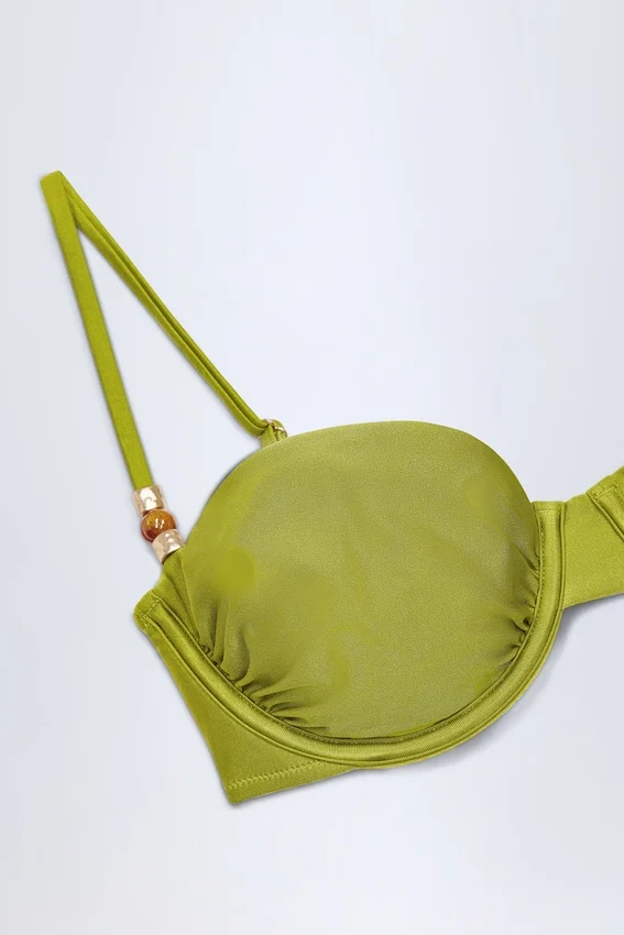 Bruny Bead-Embellished Ruched Underwired Bikini Top in Olive Green Bruny Bead-Embellished Ruched Underwired Bikini Top in Olive Green