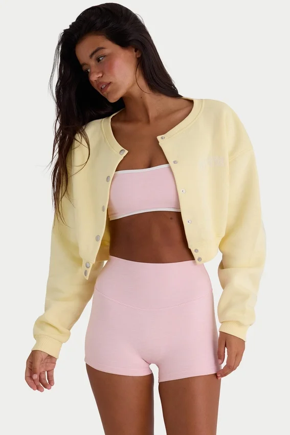 Brushed Jersey Button-Up Cropped Cardigan in Soft Yellow Brushed Jersey Button-Up Cropped Cardigan in Soft Yellow
